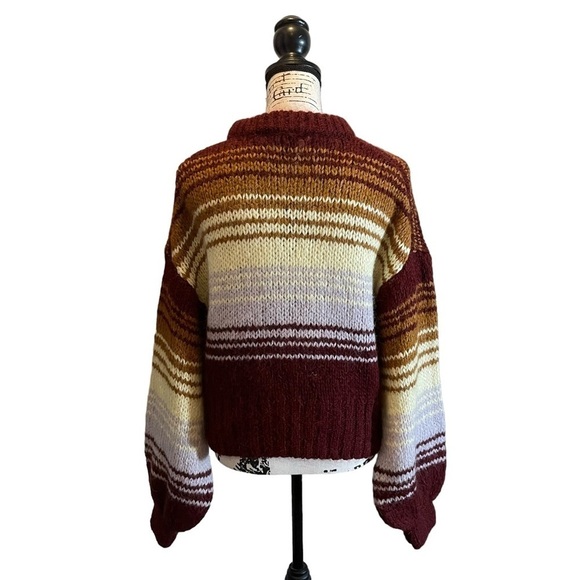 ZARA Wool Alpaca Chunky Knit Pullover Striped Sweater Burgundy Size Medium NWOT - Picture 6 of 11